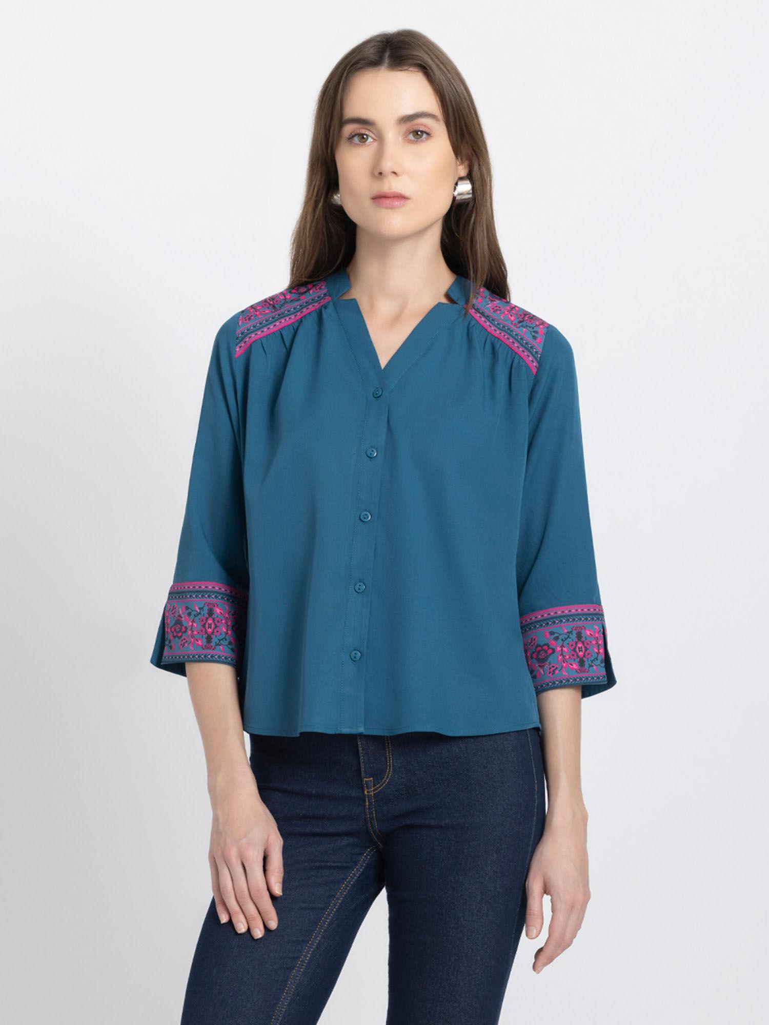 teal printed three fourth sleeves casual shirts for women