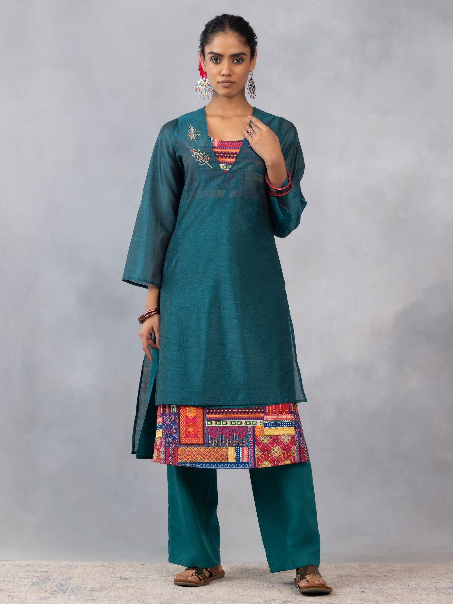 teal printed three-fourth sleeves fashion kurta and trouser with overlay (set of 3)