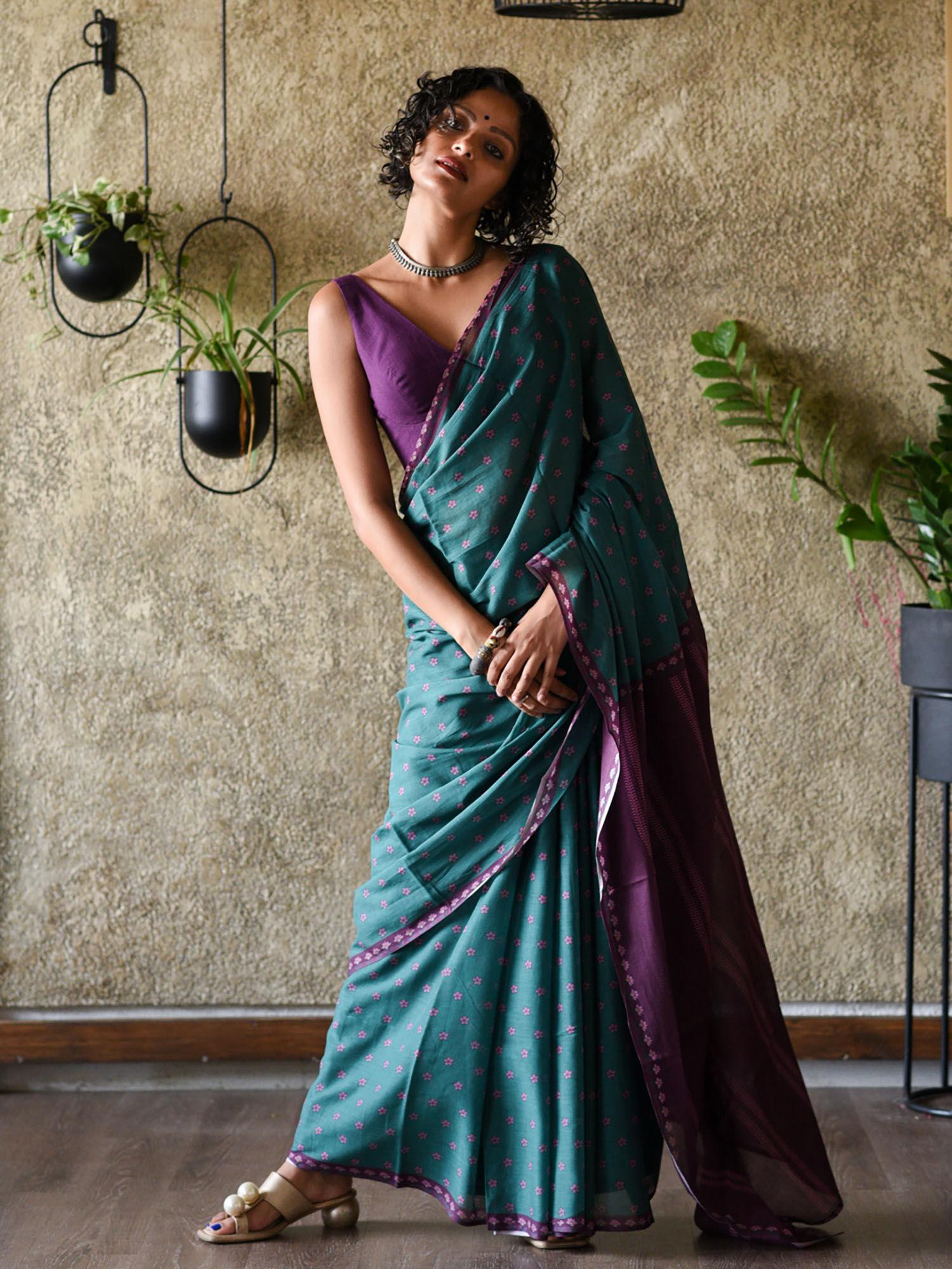 teal pure cotton floral printed saree