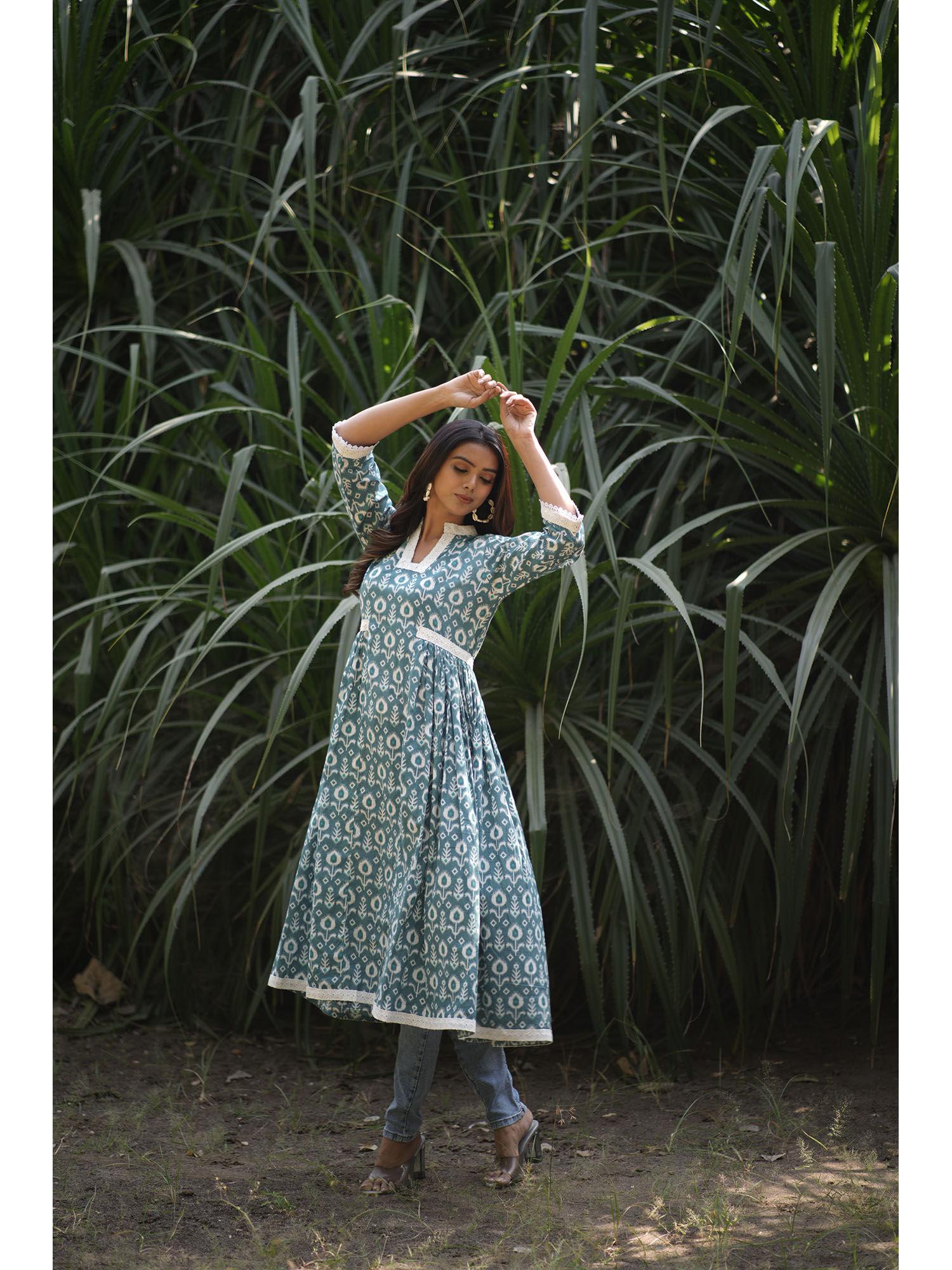 teal pure cotton ikat print kurta