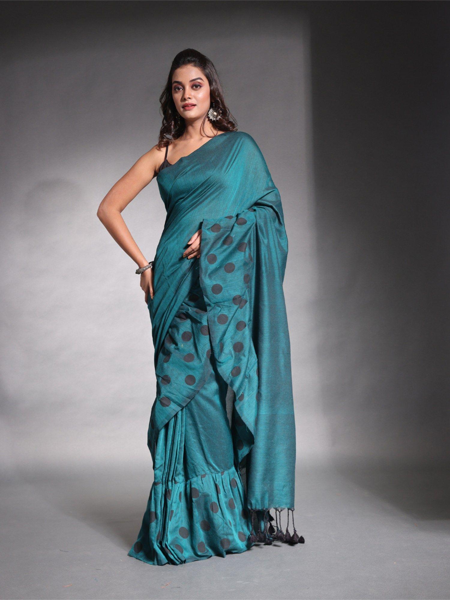 teal pure cotton solid ruffle saree with unstitched blouse