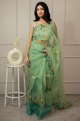 teal pure organza floral hand-painted saree set