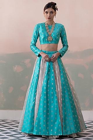 teal pure raw silk handwoven lehenga set