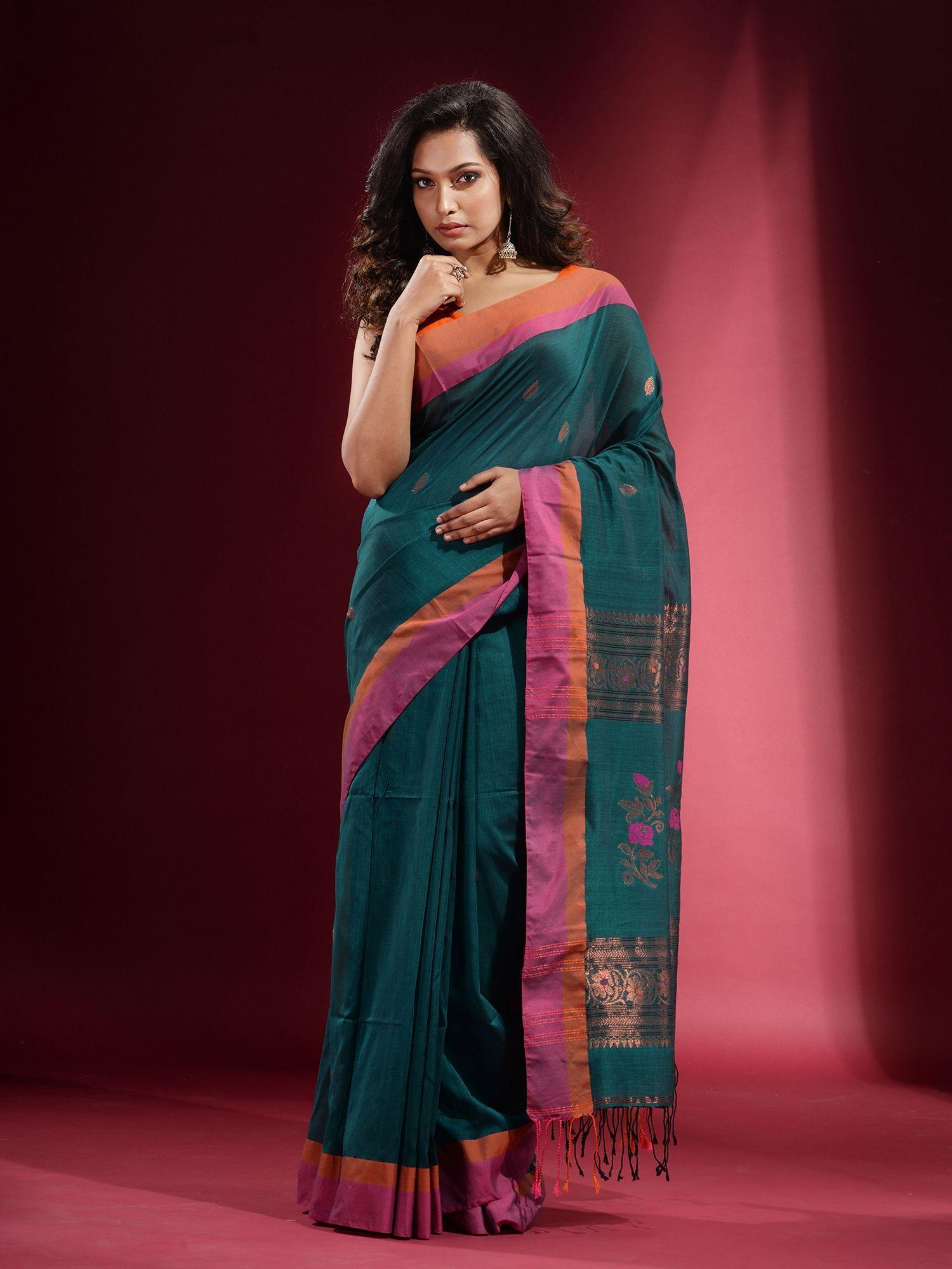 teal pure zari floral design dual border saree with unstitched blouse