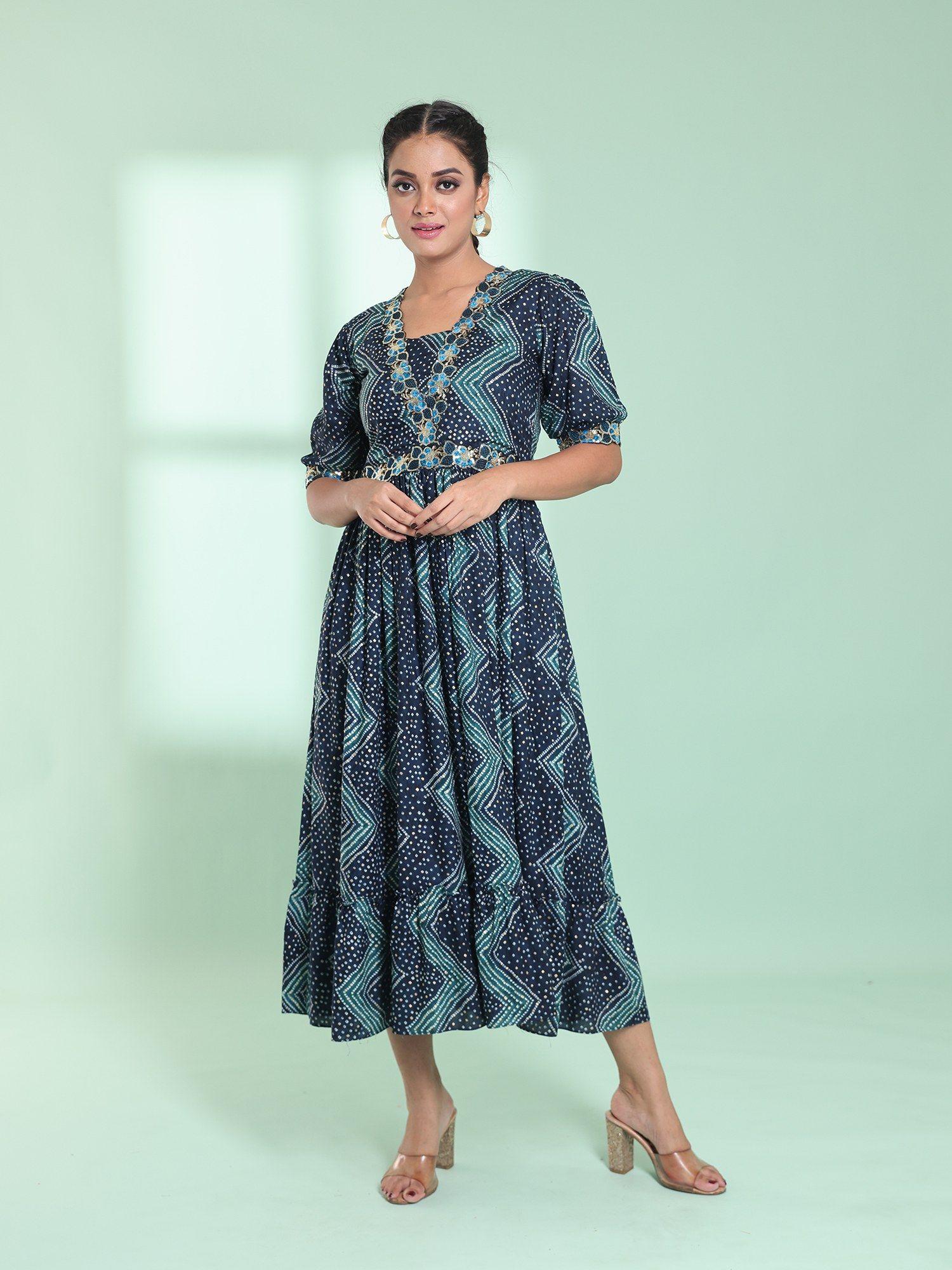 teal rayon bandhani printed stitched ethnic dress