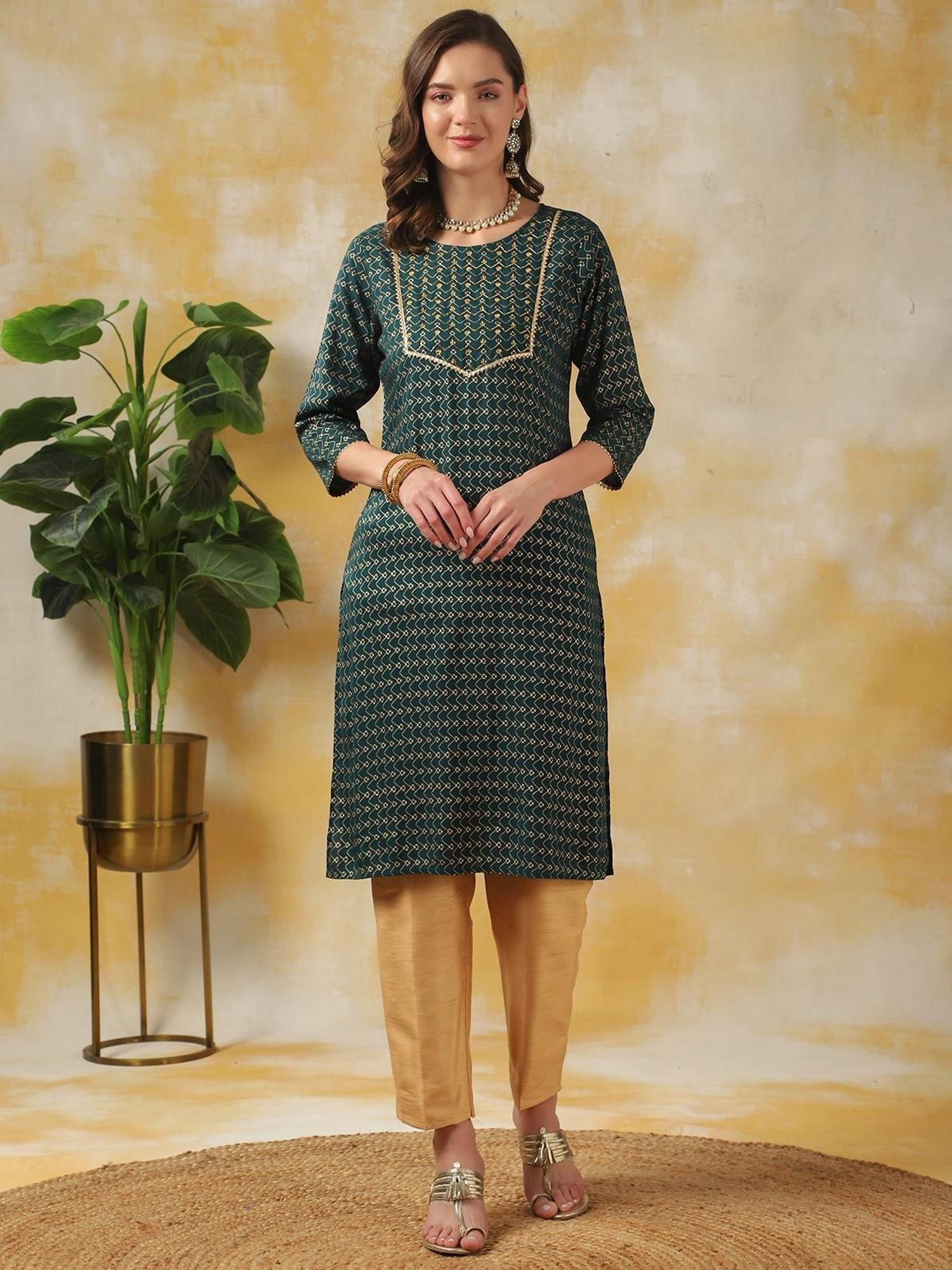 teal rayon embroidered knee length straight kurta