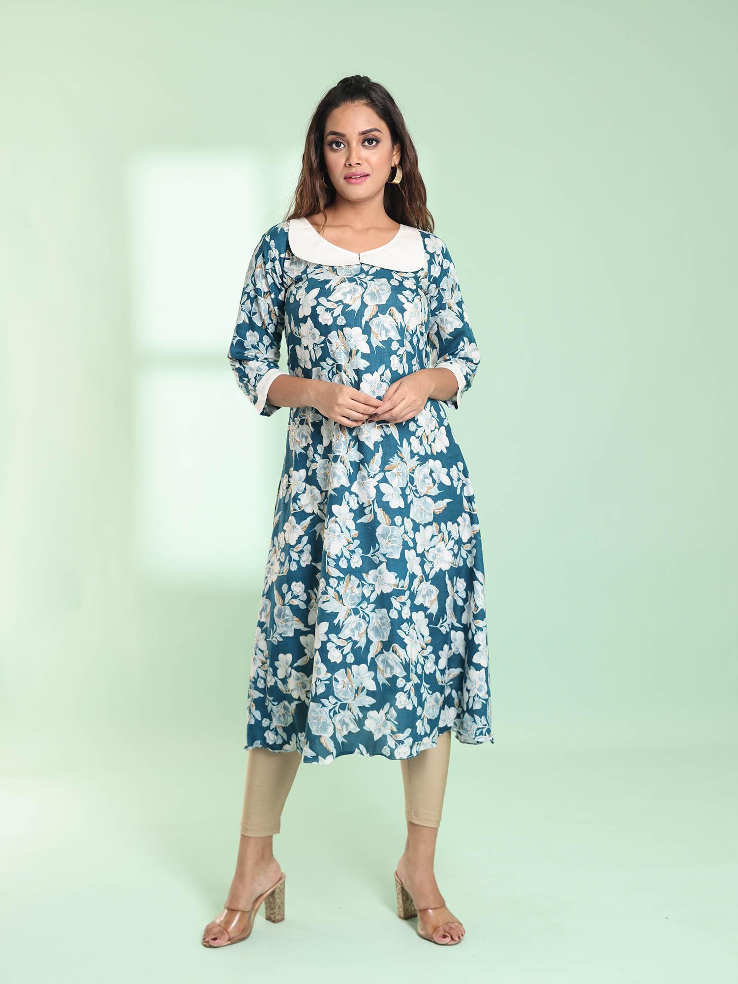 teal rayon floral printed a-line stitched kurta