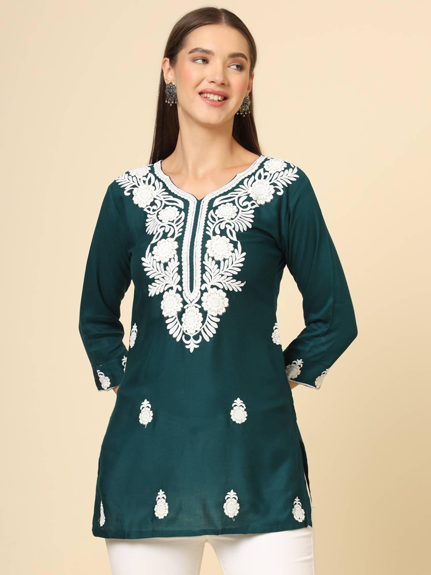 teal rayon lucknowi chickankari work kurti