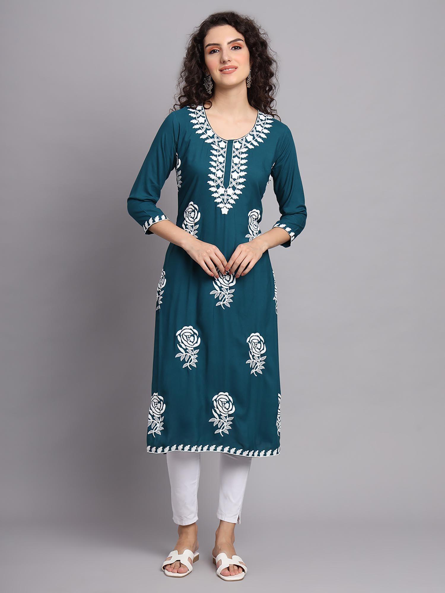 teal rayon lucknowi chikankari work straight kurta