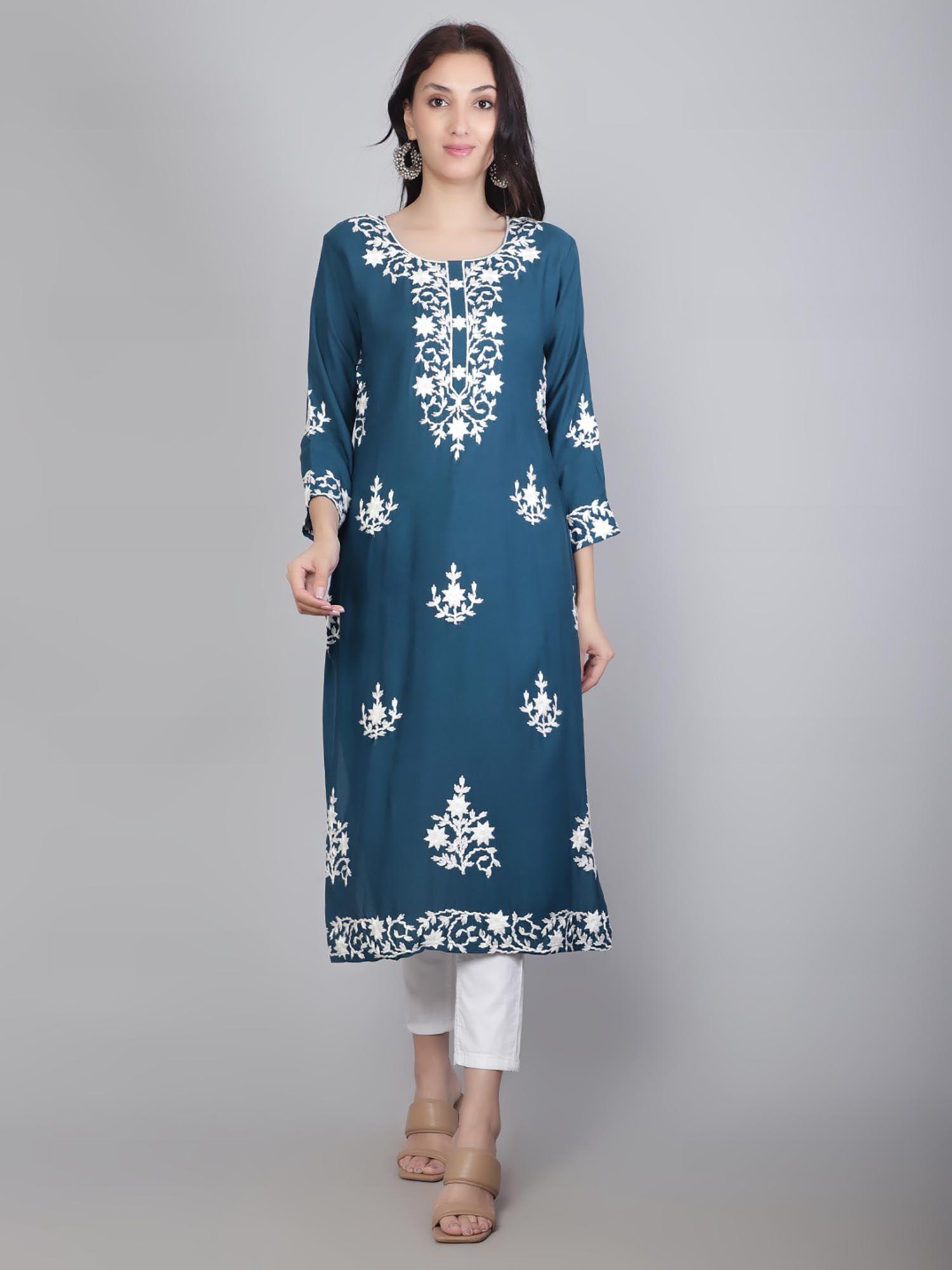 teal rayon lucknowi chikankari work straight kurta