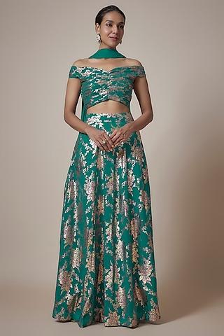 teal recycled polyester foil printed lehenga set