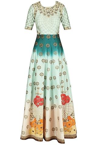 teal rose ombre dyed embroidered anarkali set