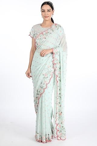 teal saree set with embroidery
