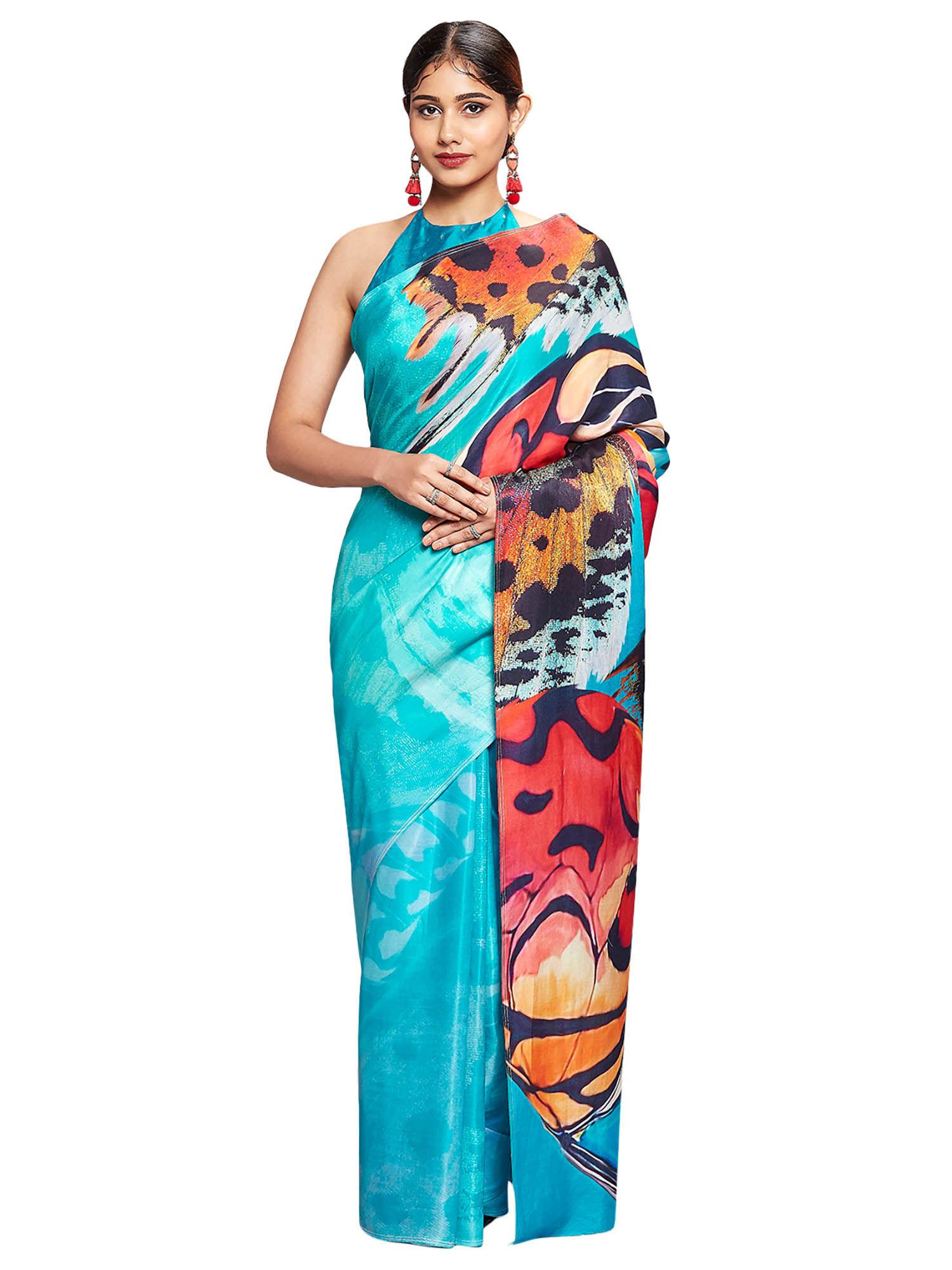 teal satin foil print saree with unstitched blouse