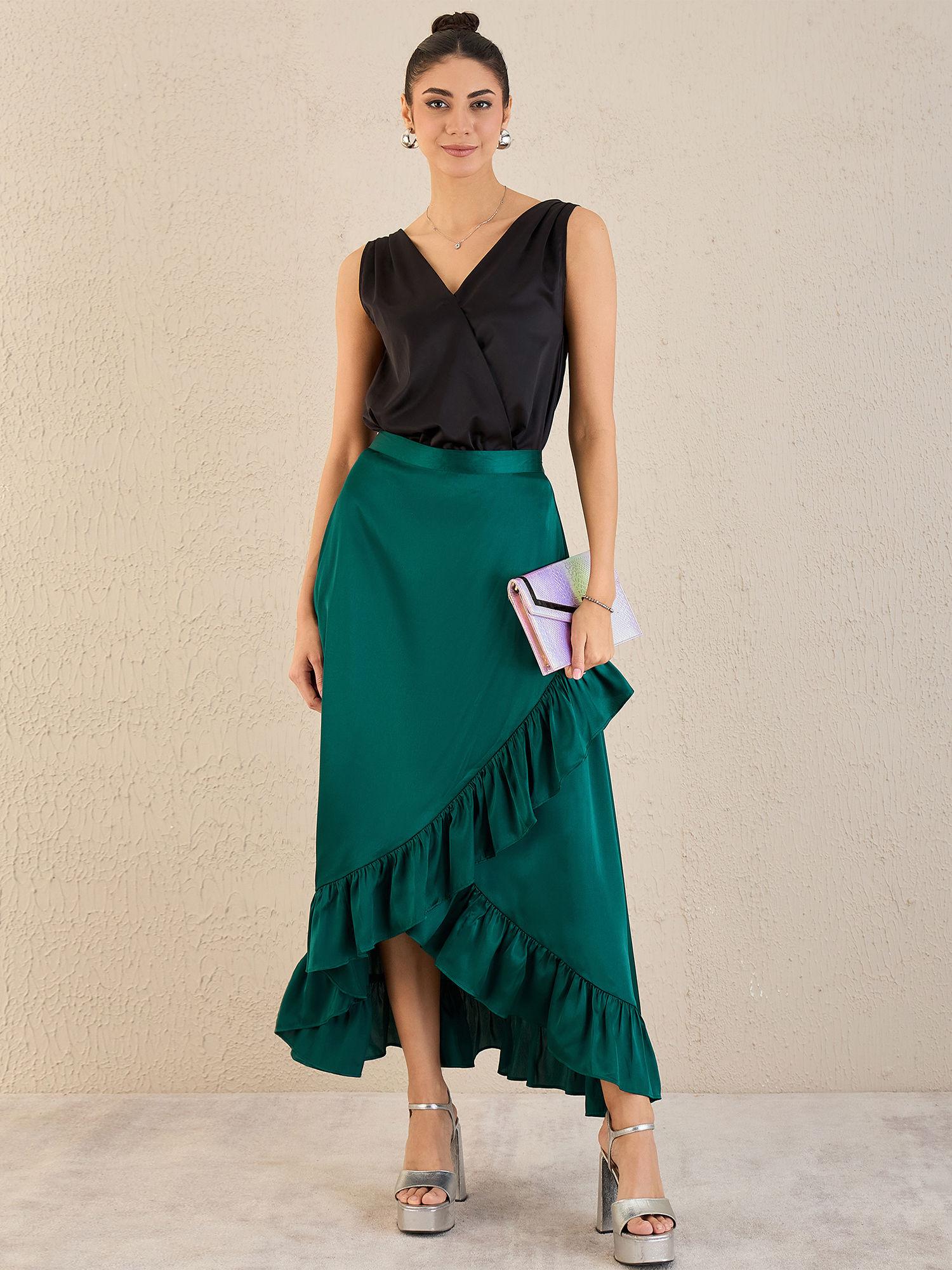 teal satin frill long skirt