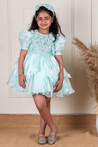 teal satin organza 3d floral embroidered dress for girls