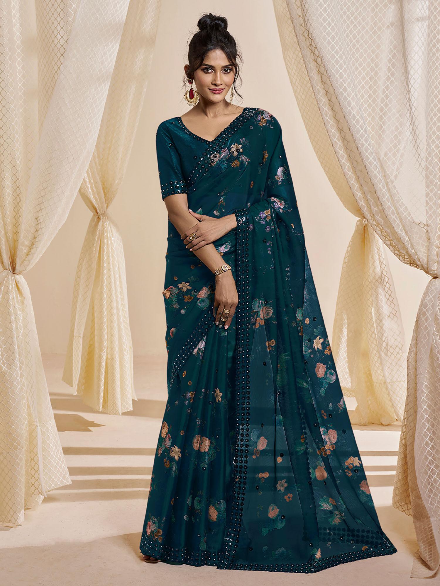 teal satin printed saree with unstitched blouse