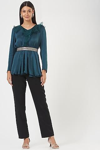 teal satin ruffled tunic