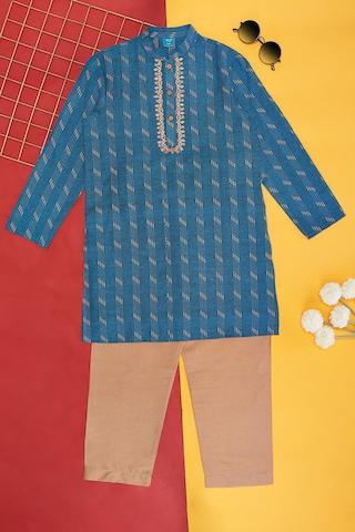 teal self design ethnic full sleeves mandarin boys regular fit  pant kurta set