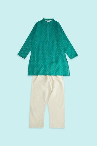 teal self design ethnic mandarin full sleeves calf-length boys regular fit pant kurta set