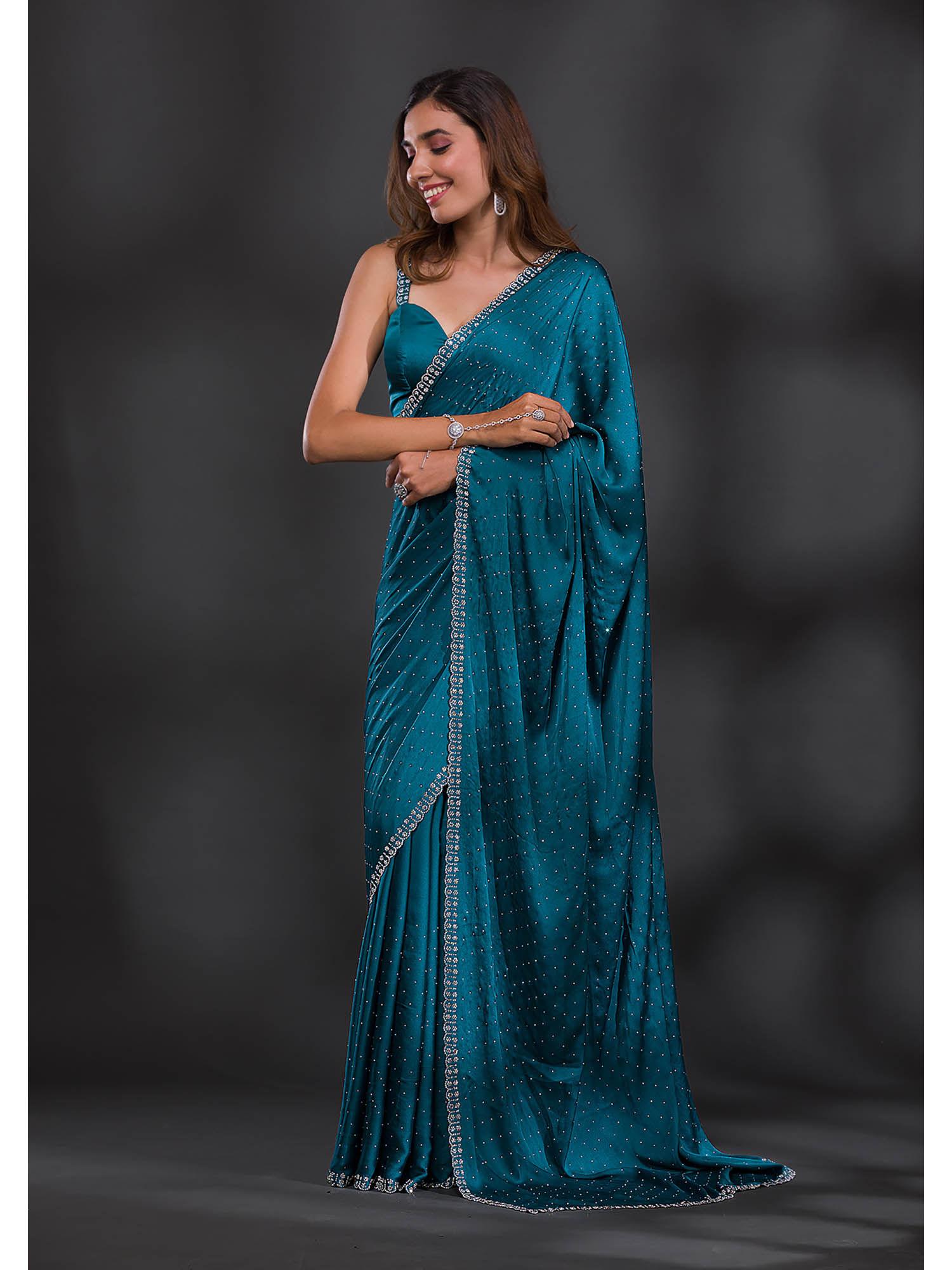 teal sequined beads & stones satin saree with unstitched blouse