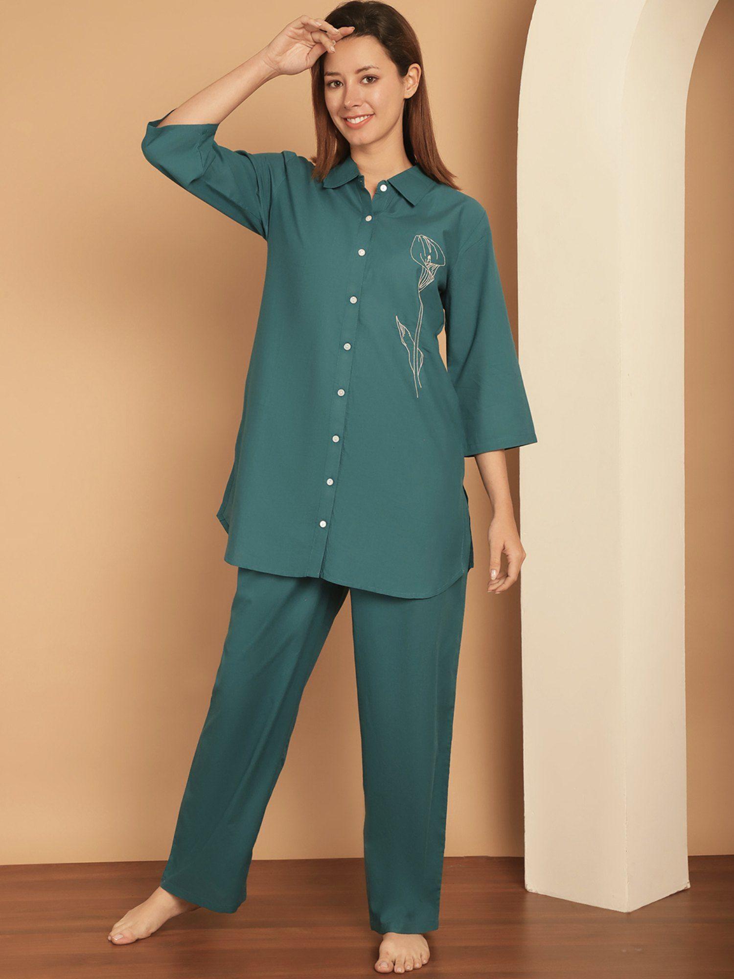 teal shirt collar pure cotton night suit (set of 2)