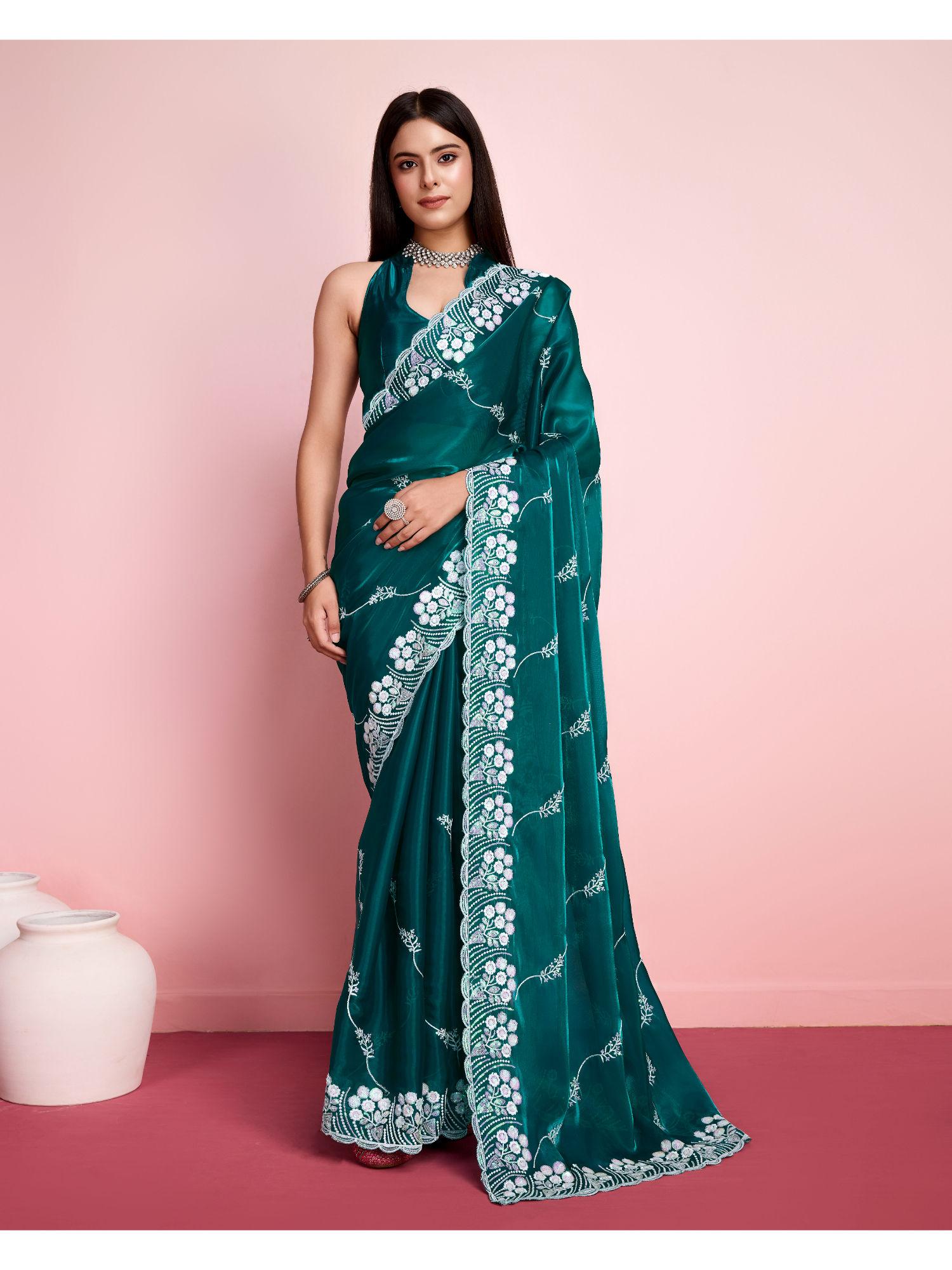 teal silk blend embroidered work saree with unstitched blouse