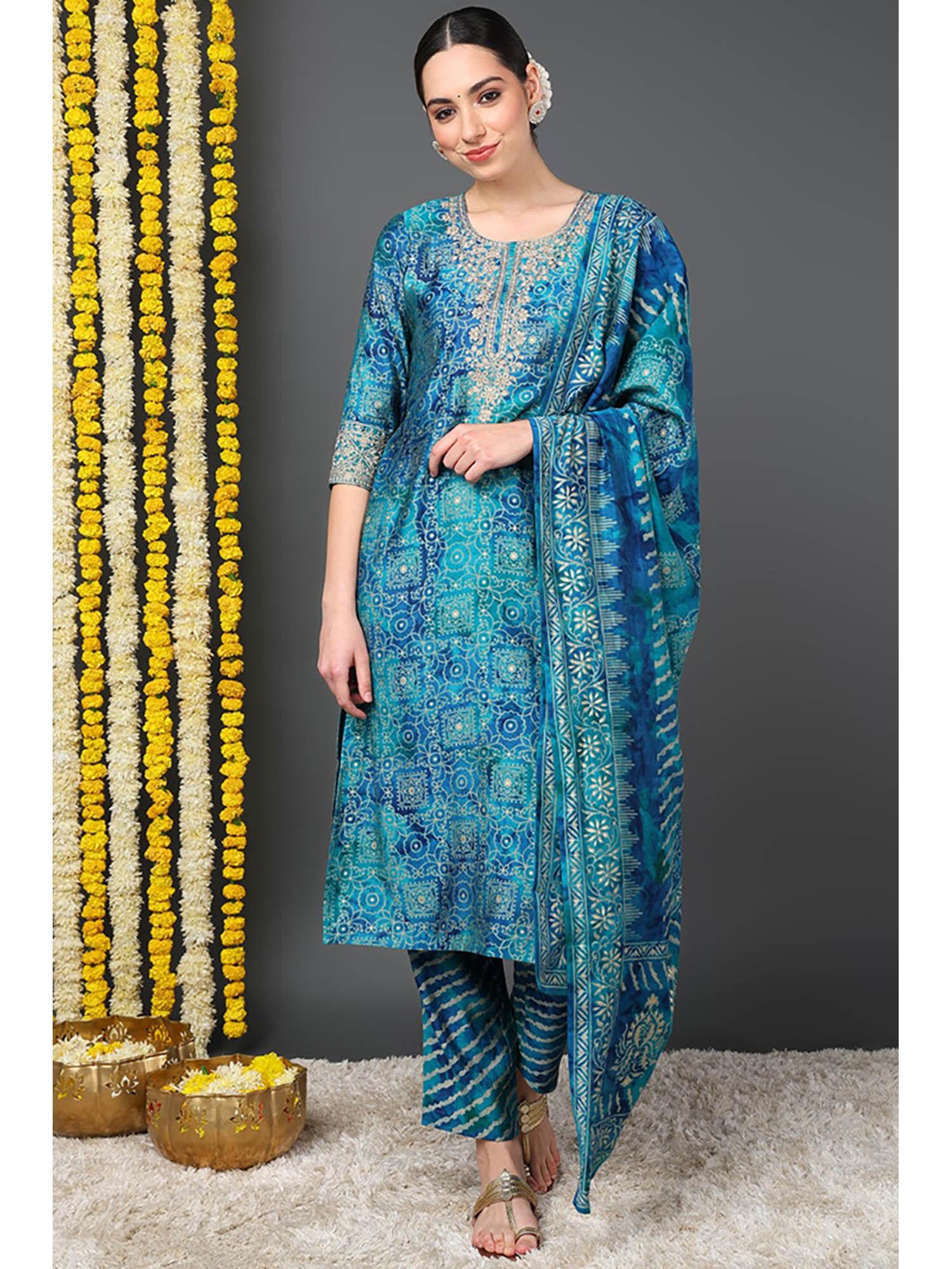 teal silk blend ethnic motifs printed straight kurta pants with dupatta (set of 3)