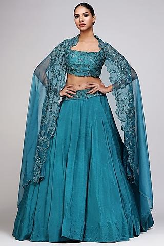 teal silk embroidered lehenga set