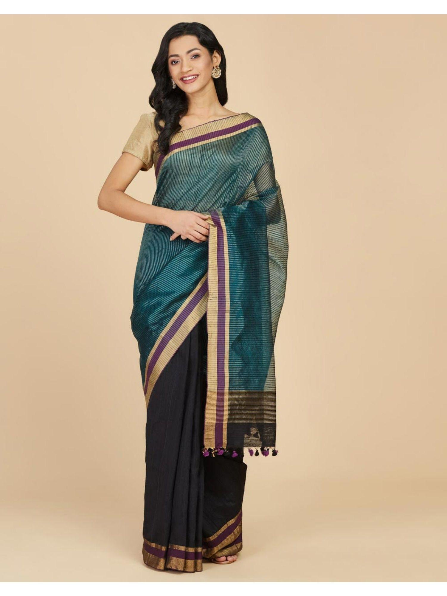 teal silk hand woven saree with unstitched blouse