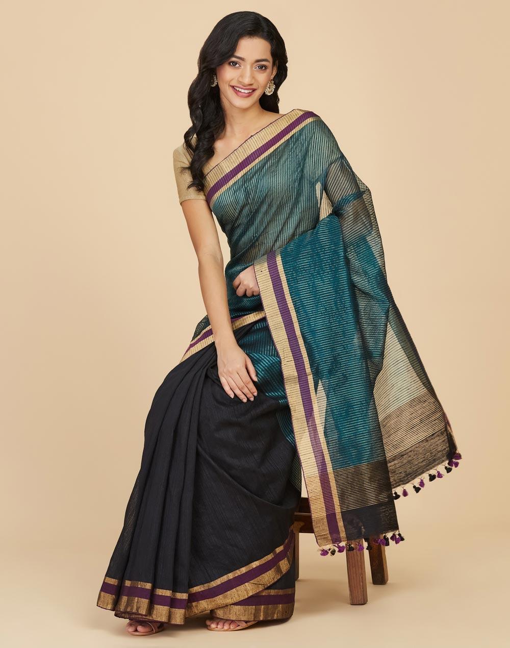 teal silk hand woven sari