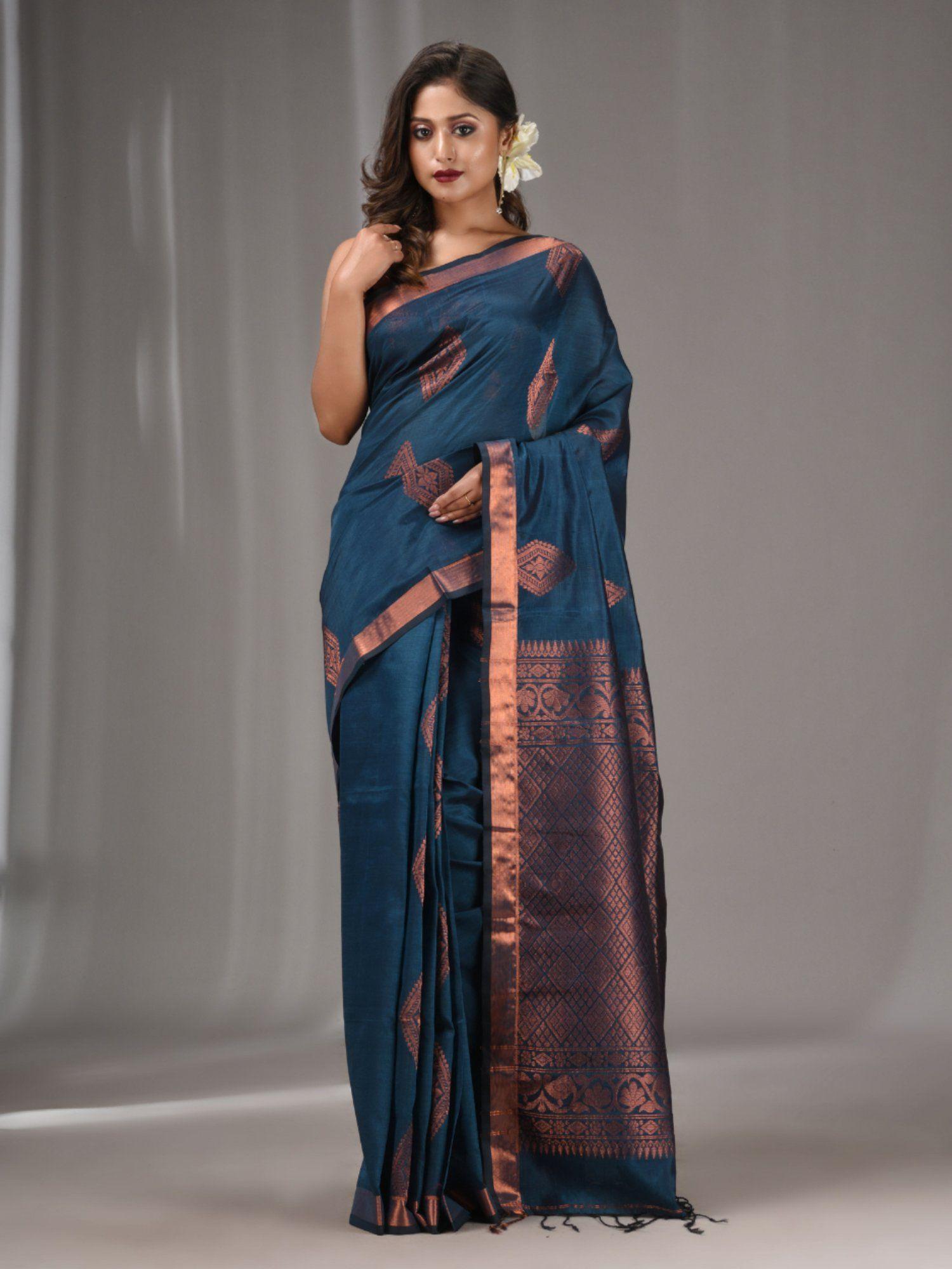 teal silk matka handwoven saree with texture designs with unstitched blouse