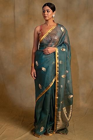 teal silk organza banarasi handwoven saree