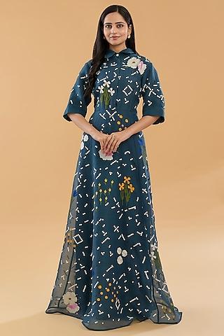 teal silk organza floral & thread embroidered maxi dress