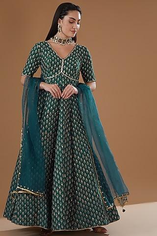 teal silk printed & embroidered anarkali set