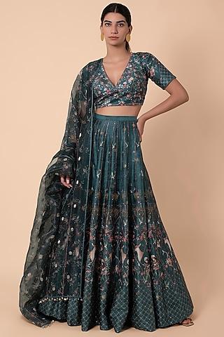 teal silk printed lehenga set