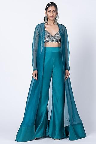 teal silk sheer cape set