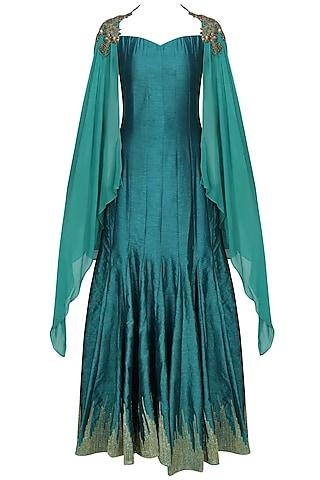 teal skyfall zardozi embroidered cape shoulder sleeves