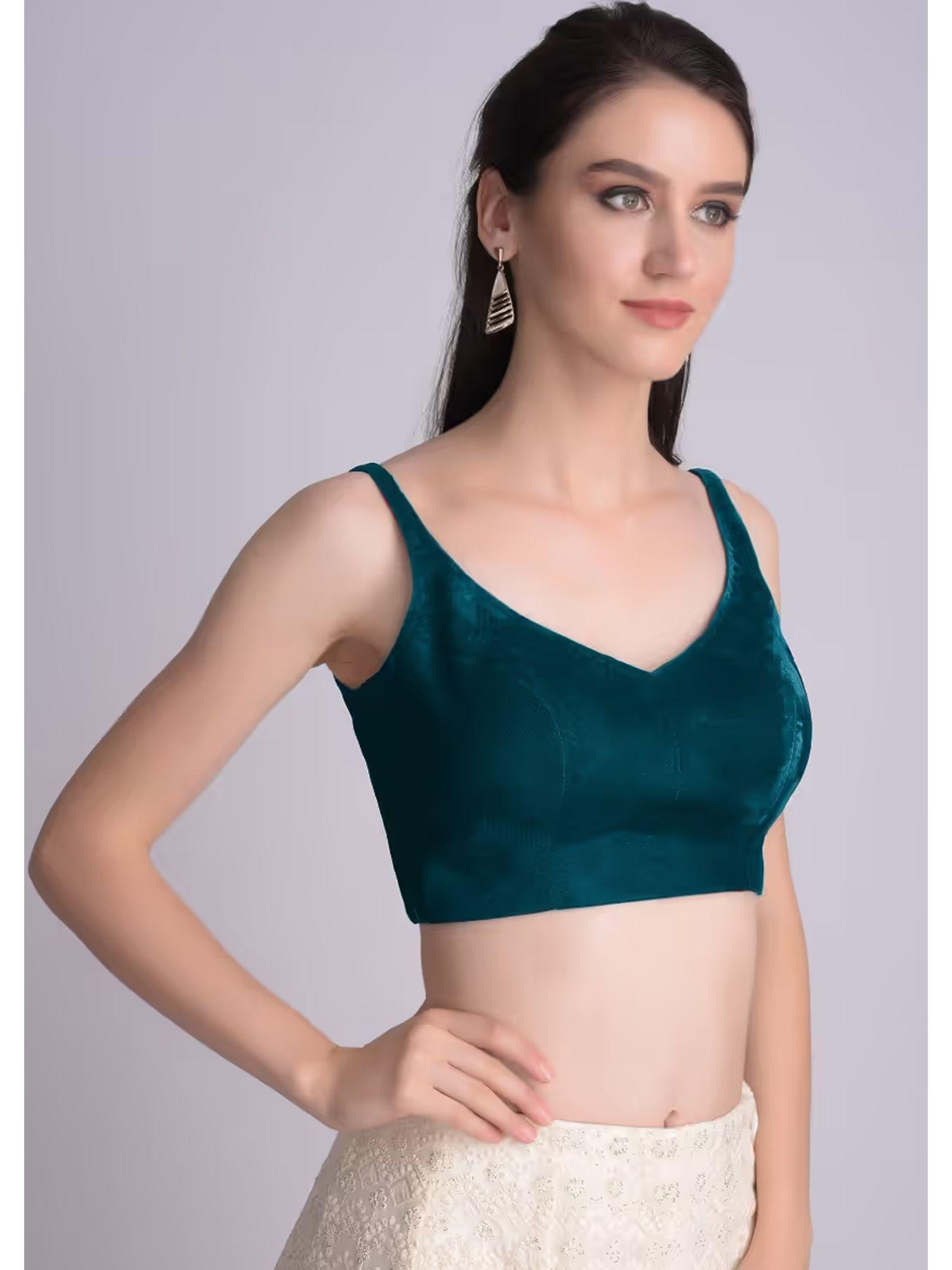 teal sleeveless blouse with roundish v shaped neckline