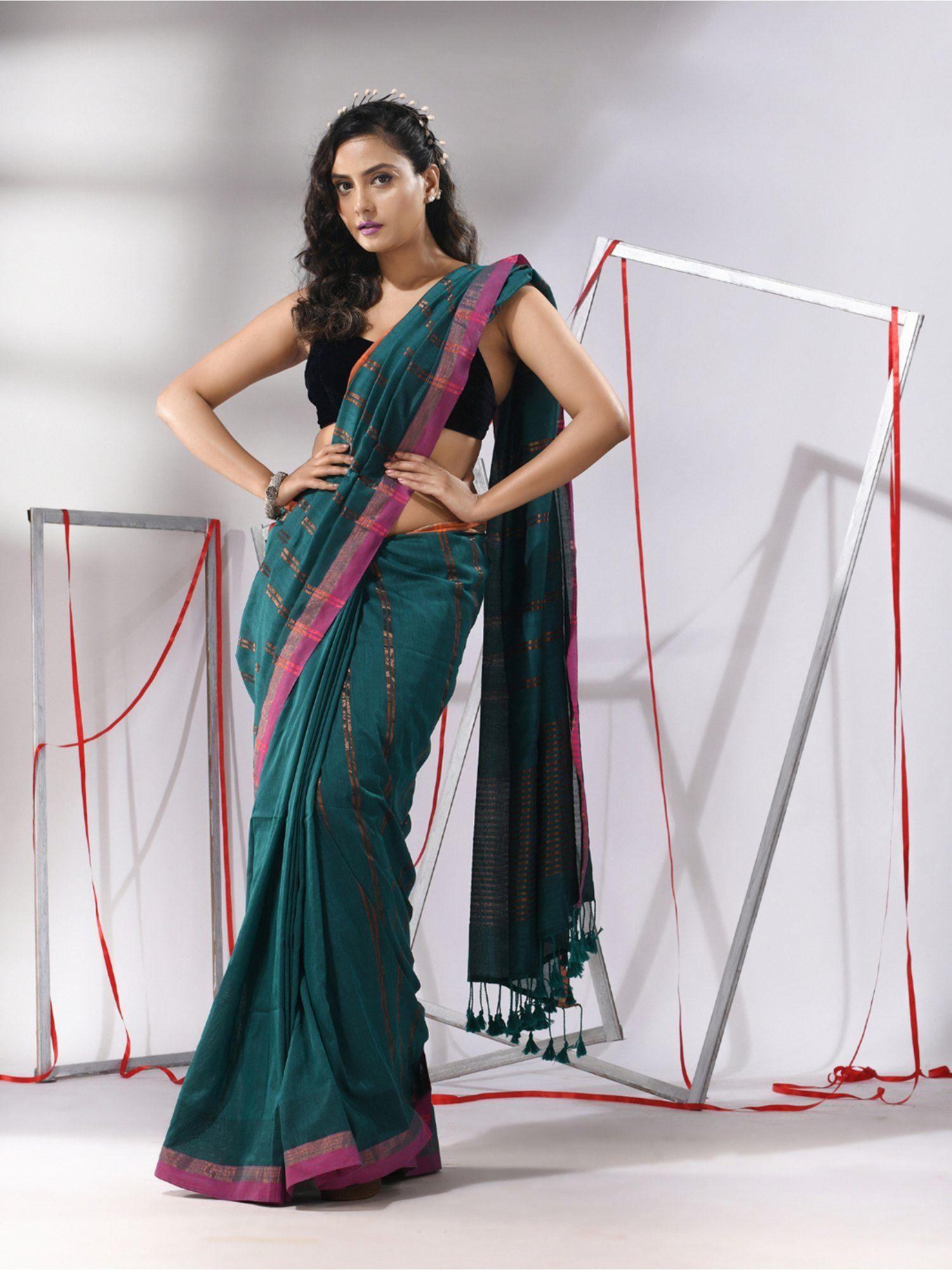 teal soft cotton zari stripe designs saree with unstitched blouse