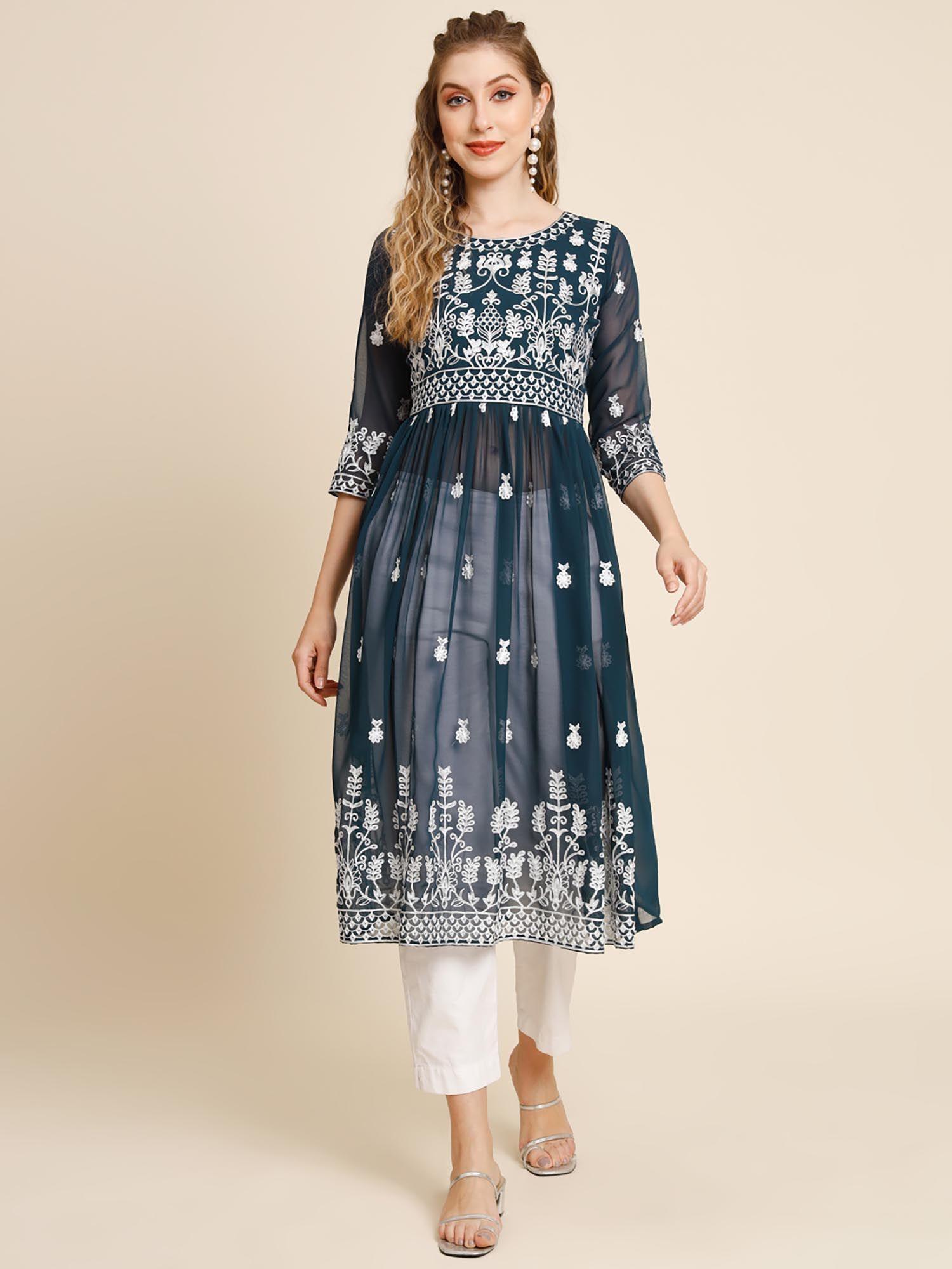 teal soft georgette embroidery work anarkali kurta