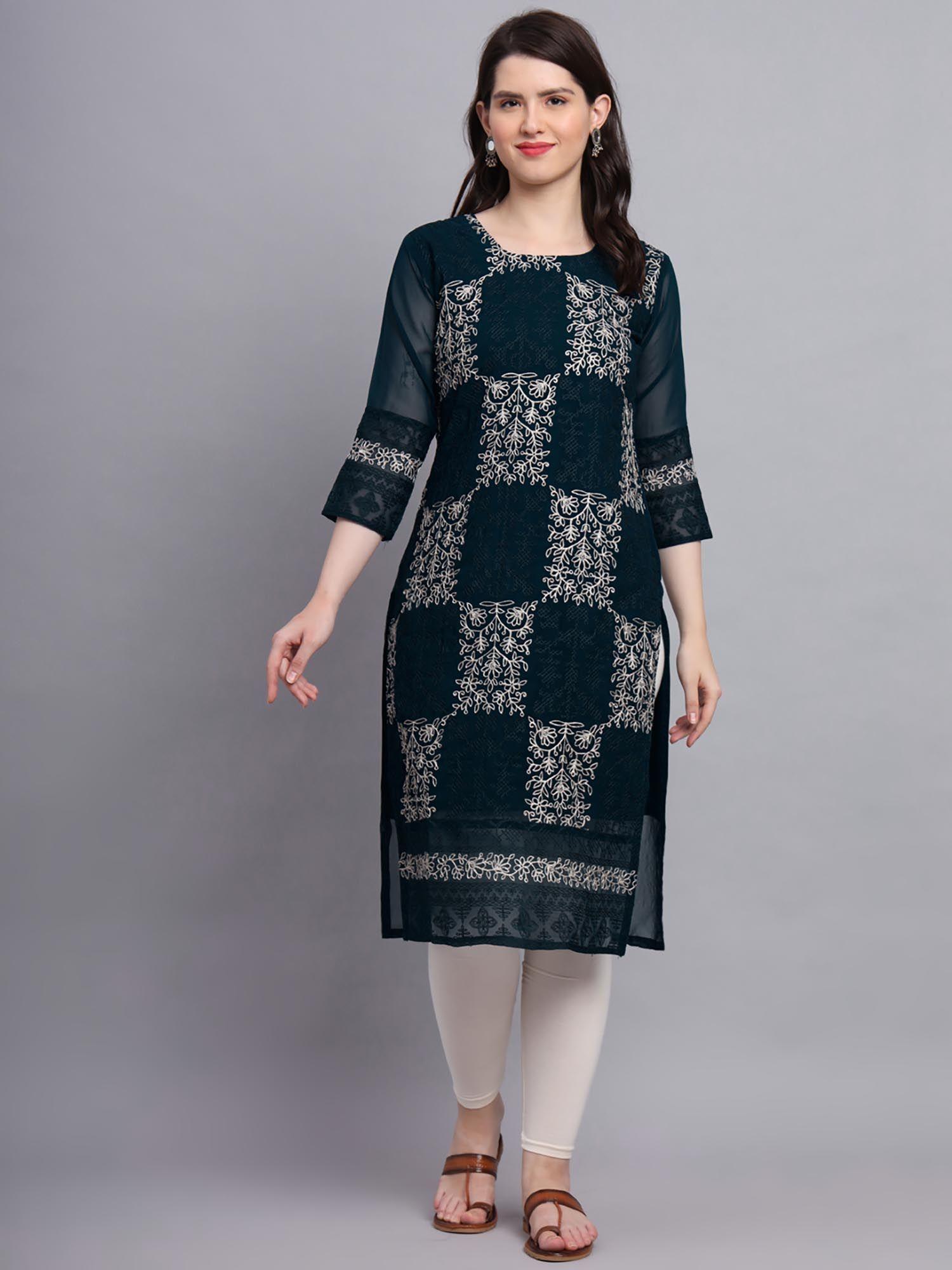 teal soft georgette kurta lucknowi chikankari work straigh kurta