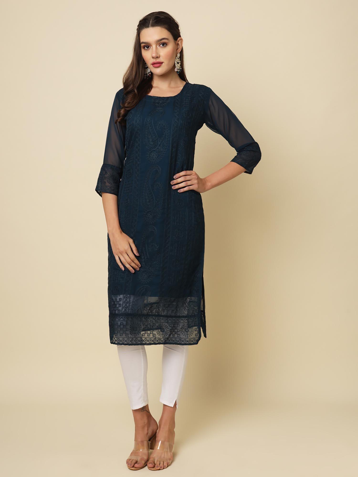 teal soft georgette lucknowi chikankari straigh kurta