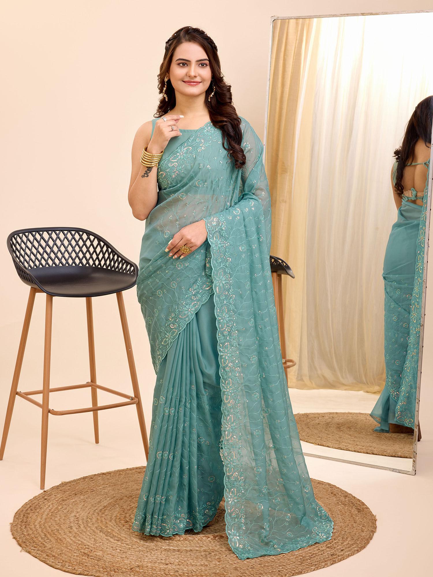 teal soft organza embroidery saree and soft organza unstitched blouse