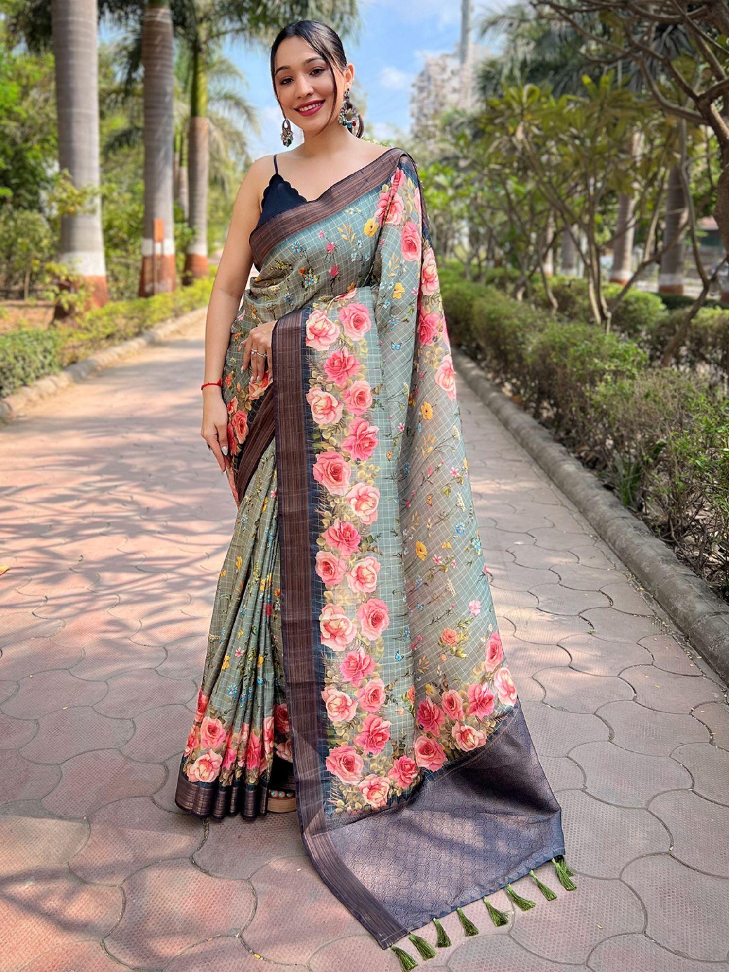 teal soft silk copper zari weaving digital floral saree with unstitched blouse