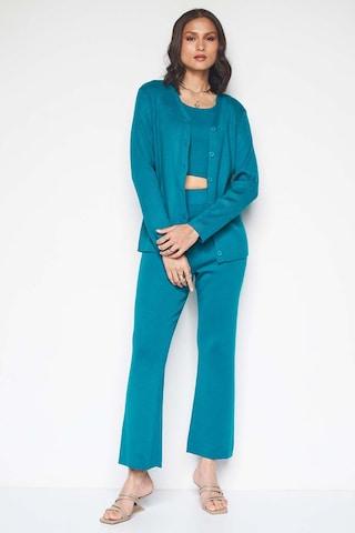 teal solid ankle-length casual women regular fit top pant set