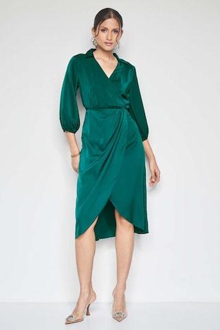 teal solid calf-length casual women tapered fit dress