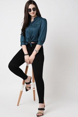 teal solid casual 3/4th sleeves regular collar women slim fit shirt