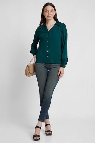 teal solid casual full sleeves regular collar women regular fit shirt