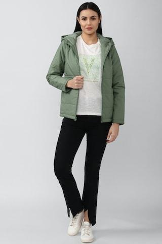 teal solid casual full sleeves regular hood women regular fit jacket